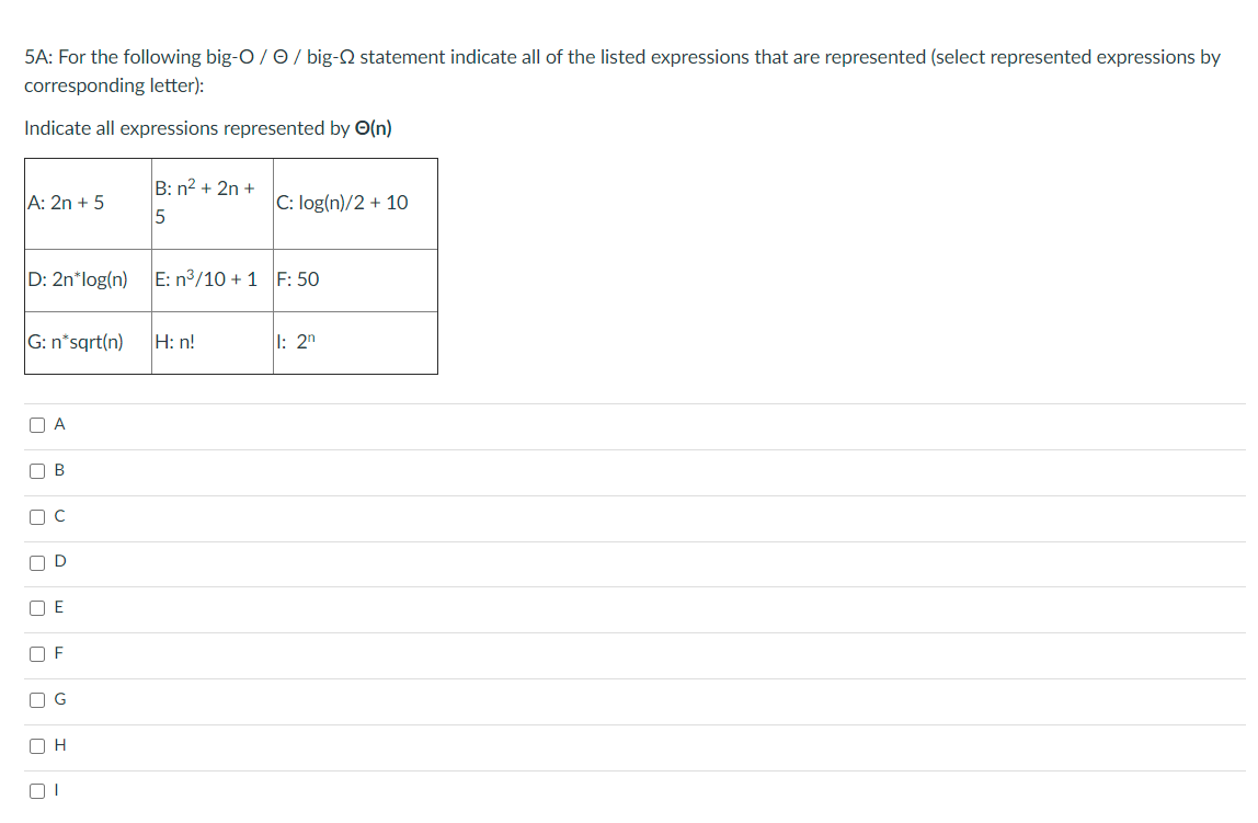 5A: For the following big-0 / 0 / big-2 statement indicate