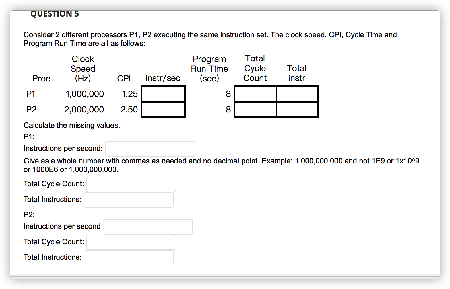  QUESTION 5 Consider 2 different processors P1, P2 executing the same