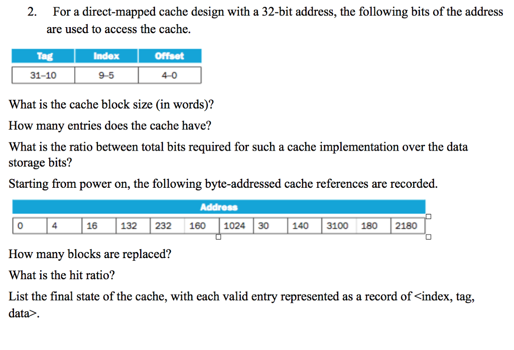  2. For a direct-mapped cache design with a 32-bit address, the