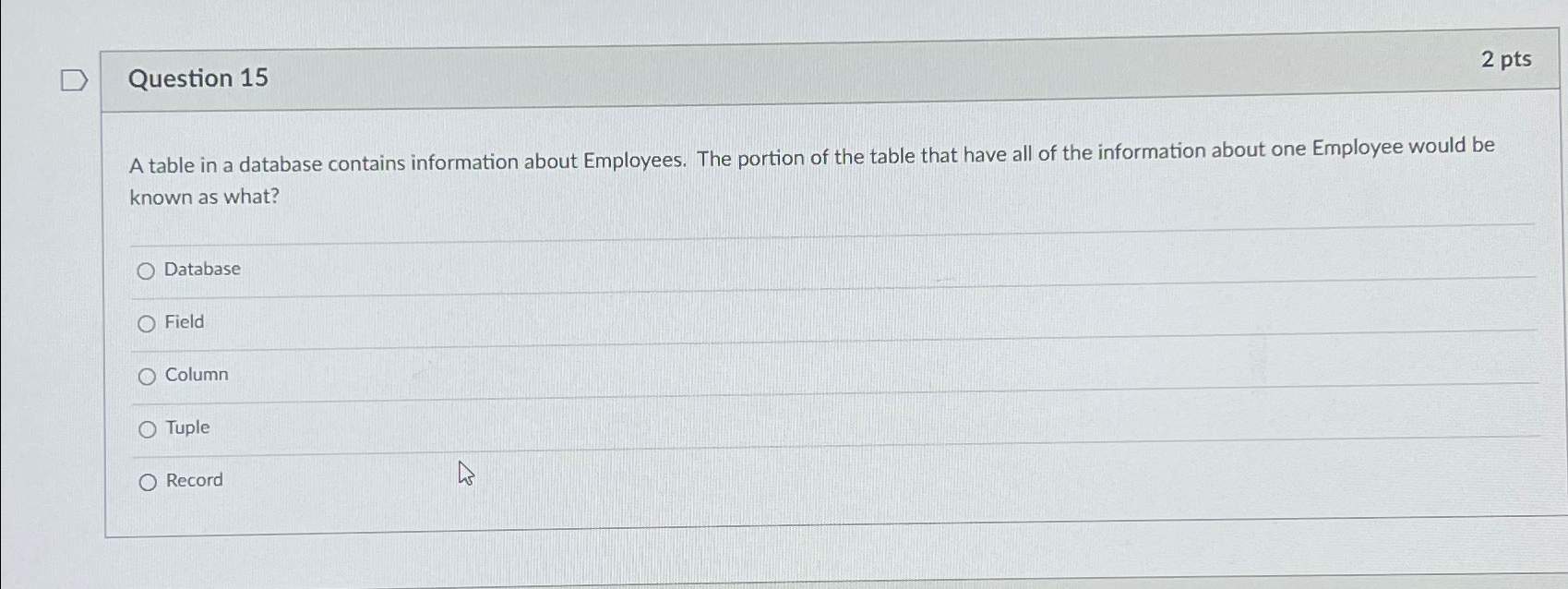  Question 15 2 pts A table in a database contains information