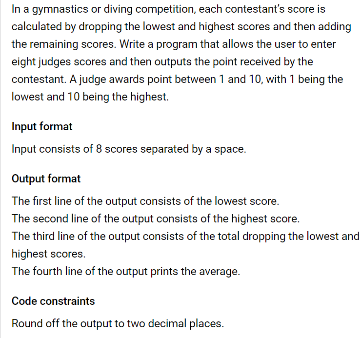  C PROGRAMMING(Using arrays) In a gymnastics or diving competition, each contestant's