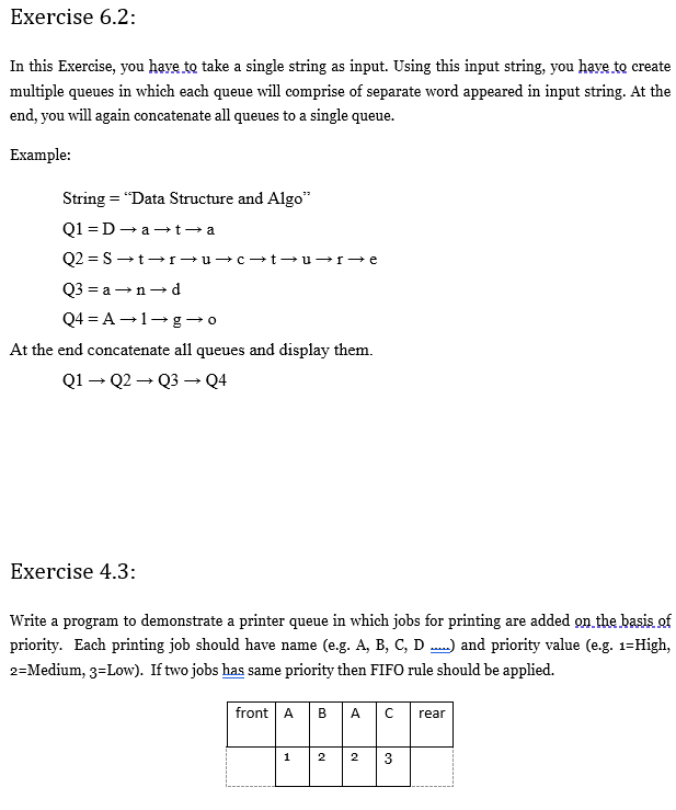 with queue such a Enqueue (), Dequeue() and DisplayQueue(). Exercise 6.2: In