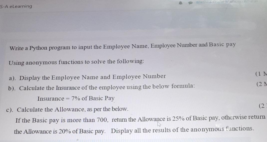  python S-A eLearning Write a Python program to input the Employee