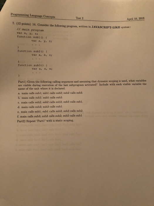  Really need part 2 Programming Language Concepts Test 2 April 10,