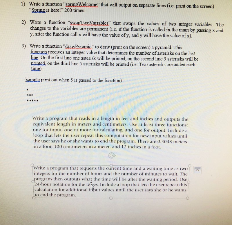  1) Write a function "spring Welcome" that will output on separate