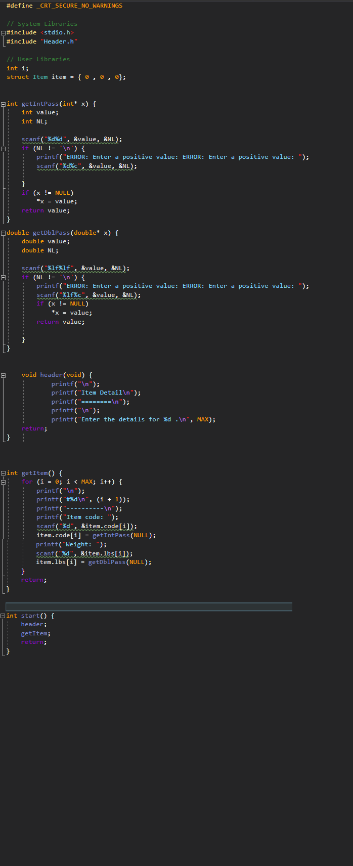 the functions. Trying to call header(void) and getItem(void) from source.c to output