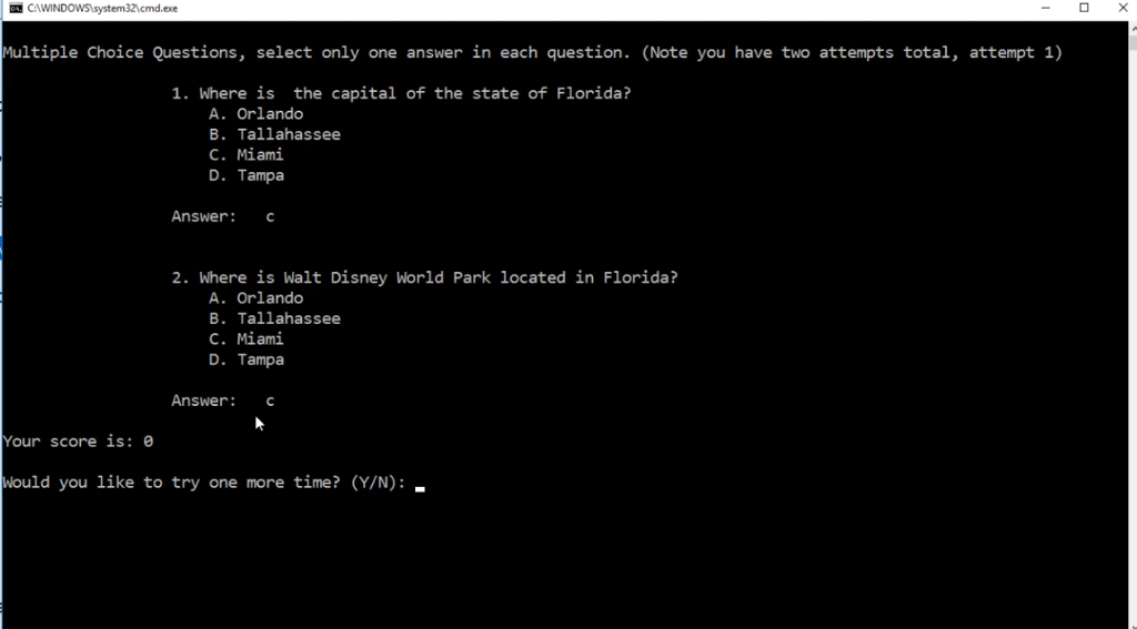 Create C# program with two multiple choice questions. The program MUST include