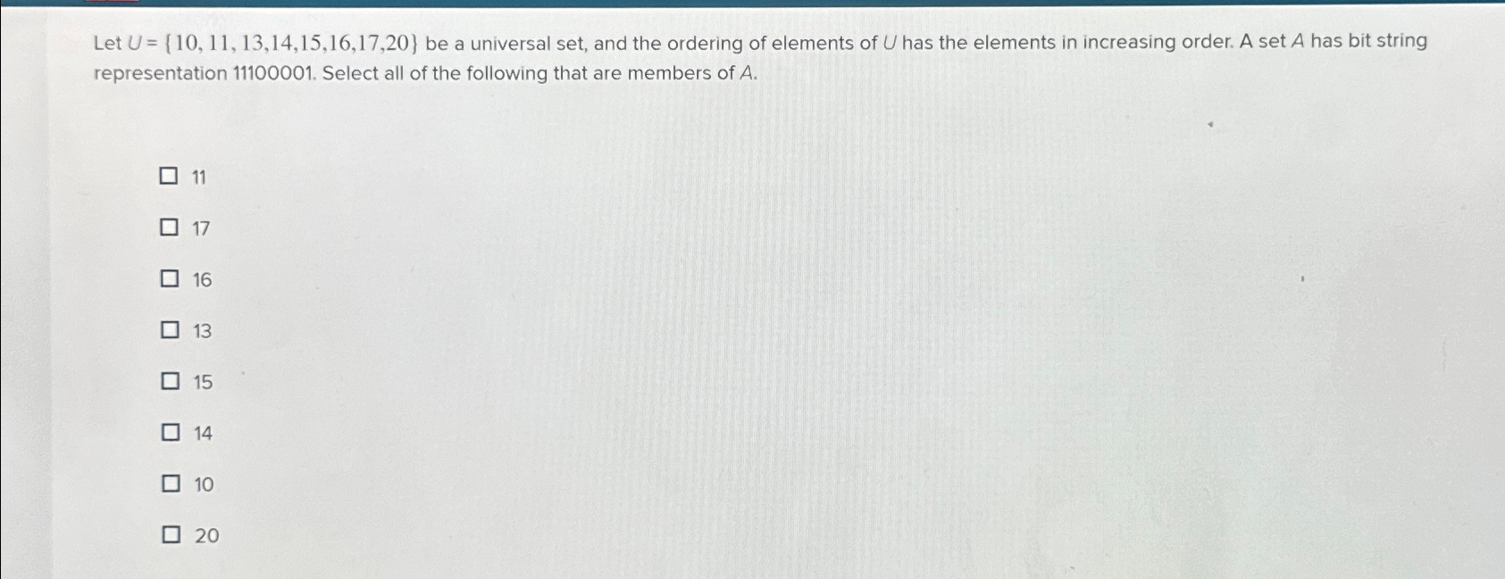  Let U={10,11,13,14,15,16,17,20} be a universal set, and the ordering of elements
