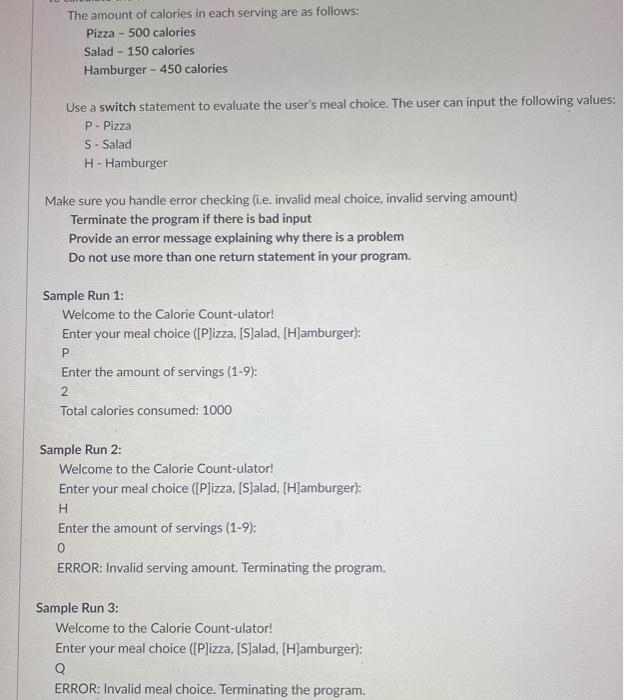 the number of calories // in a meal based on user input