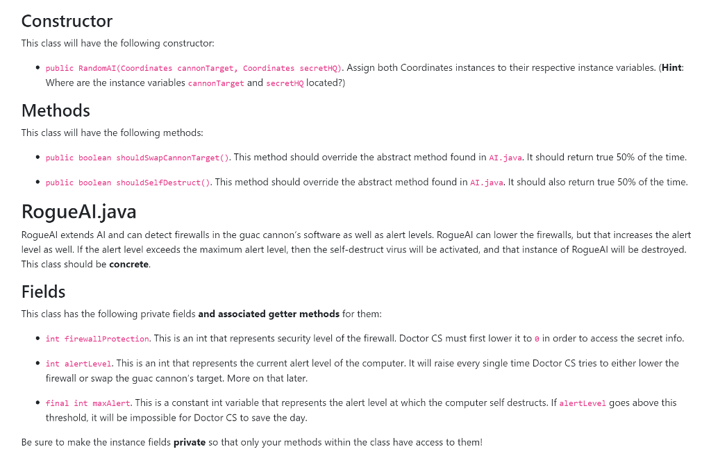 RandomAl, RogueAl, DoctorCS, and Coordinates classes following the instructions below. Note: When