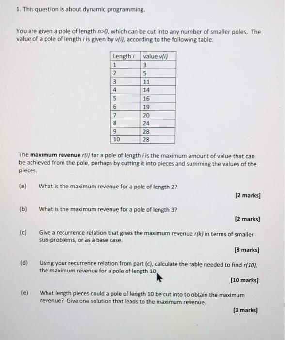Dynamic programming 1. This question is about dynamic programming. You are given