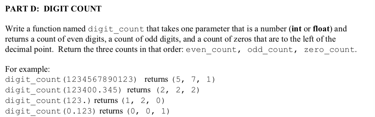 code in python 3 PART D: DIGIT COUNT Write a function named