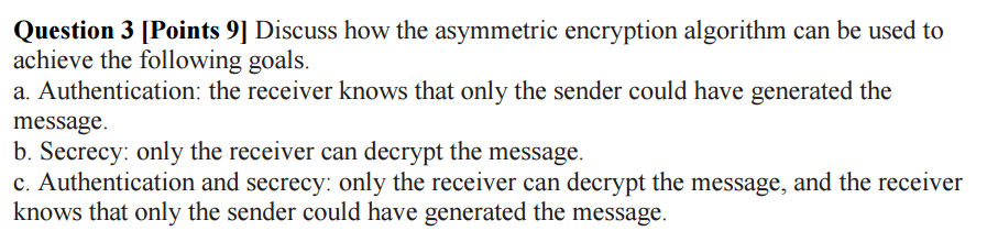  Discuss how the asymmetric encryption algorithm can be used to achieve