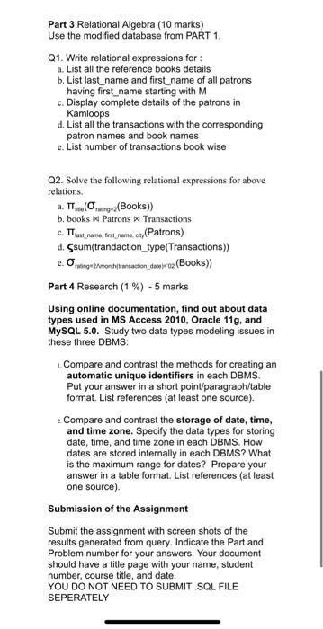 int, title varchar(20), author_last_name varchar(20), author_first_name varchar(20), rating char(1) patrons (patron id