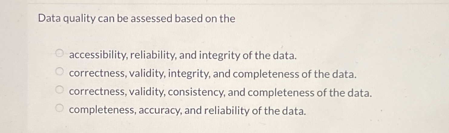  Data quality can be assessed based on the accessibility, reliability, and
