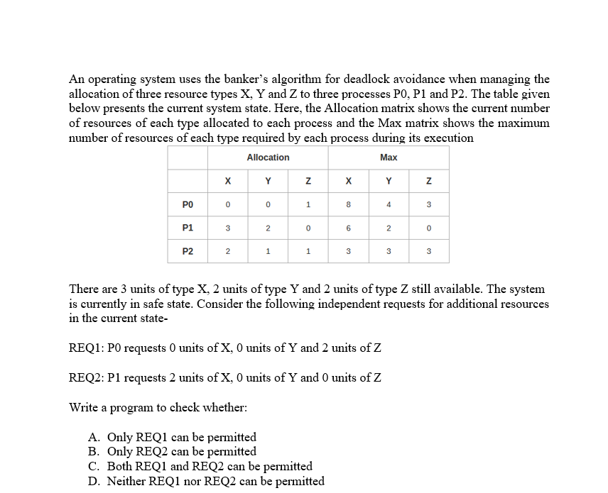 undefined An operating system uses the banker's algorithm for deadlock avoidance when
