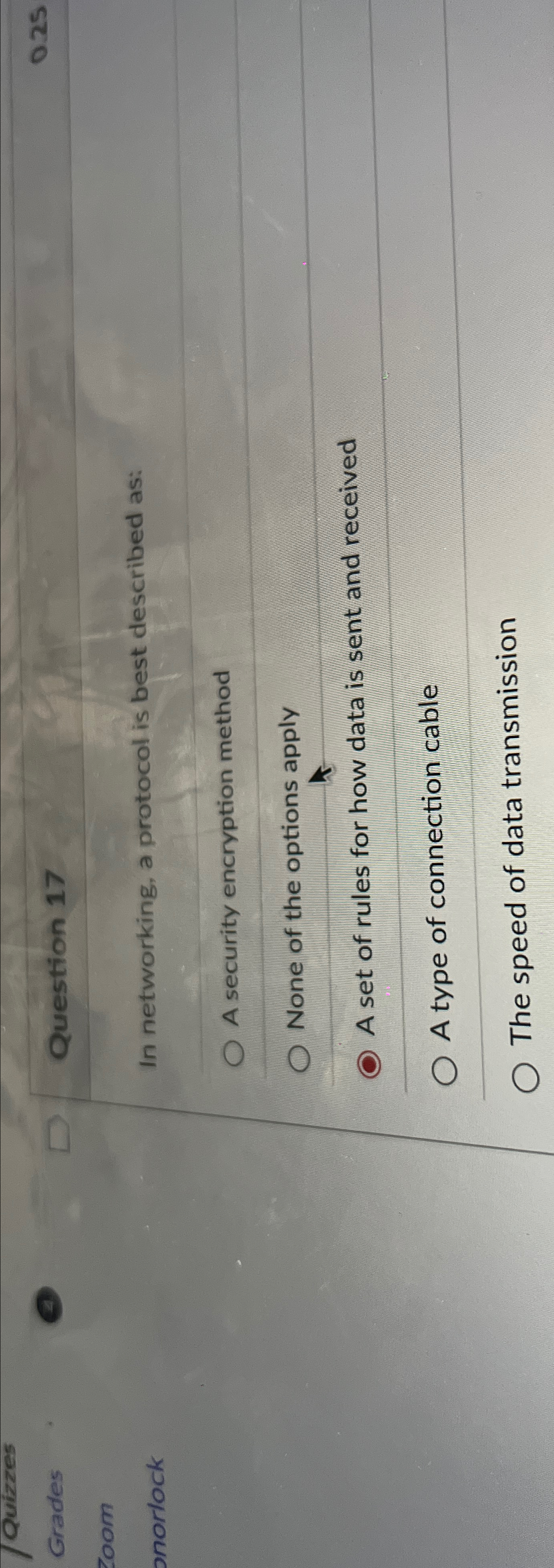  Grades Question 17 In networking, a protocol is best described as: