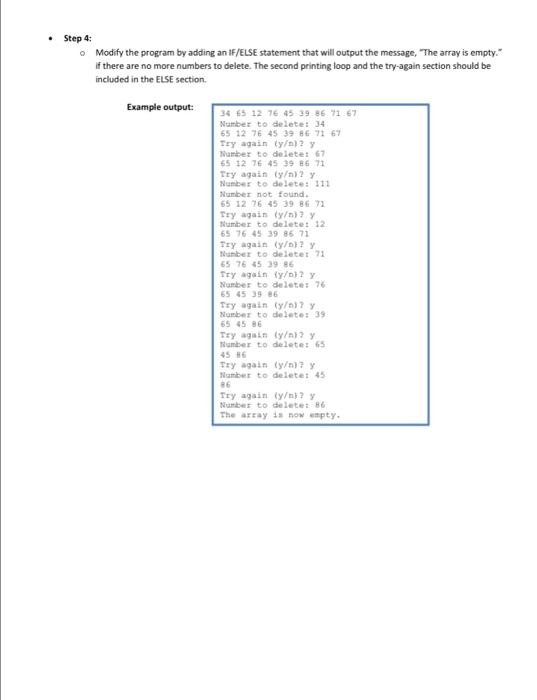 array and asksthe user which number should be deleted and then deletes