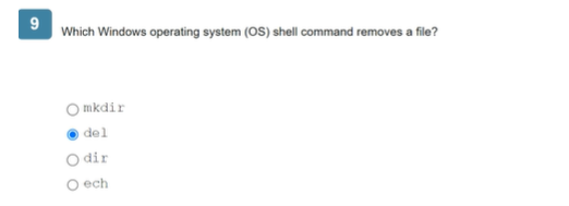  Which Windows operating system (OS) shell command removes a file? mkdir