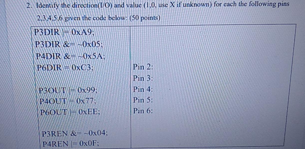  please show work or code 2. Identify the direction(I/O) and value