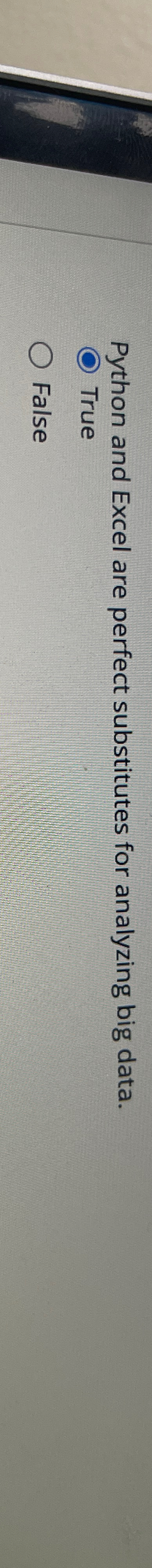  Python and Excel are perfect substitutes for analyzing big data. True