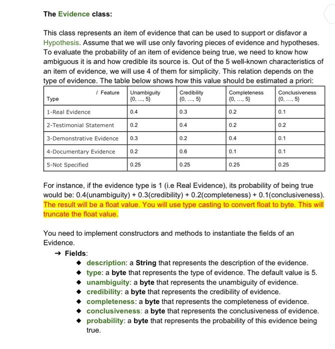 In java The Evidence class: This class represents an item of evidence