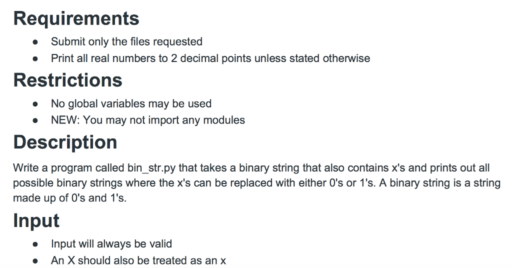 Python check help pls Requirements Submit only the files requested Print all