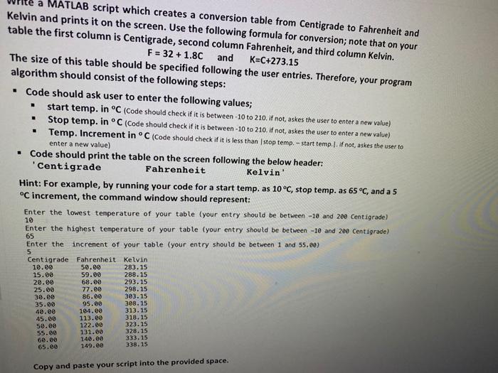  a MATLAB script which creates a conversion table from Centigrade to