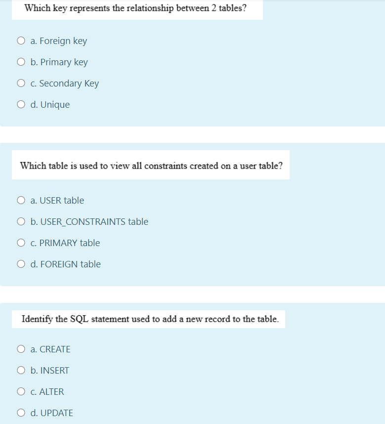  Which key represents the relationship between 2 tables? O a. Foreign
