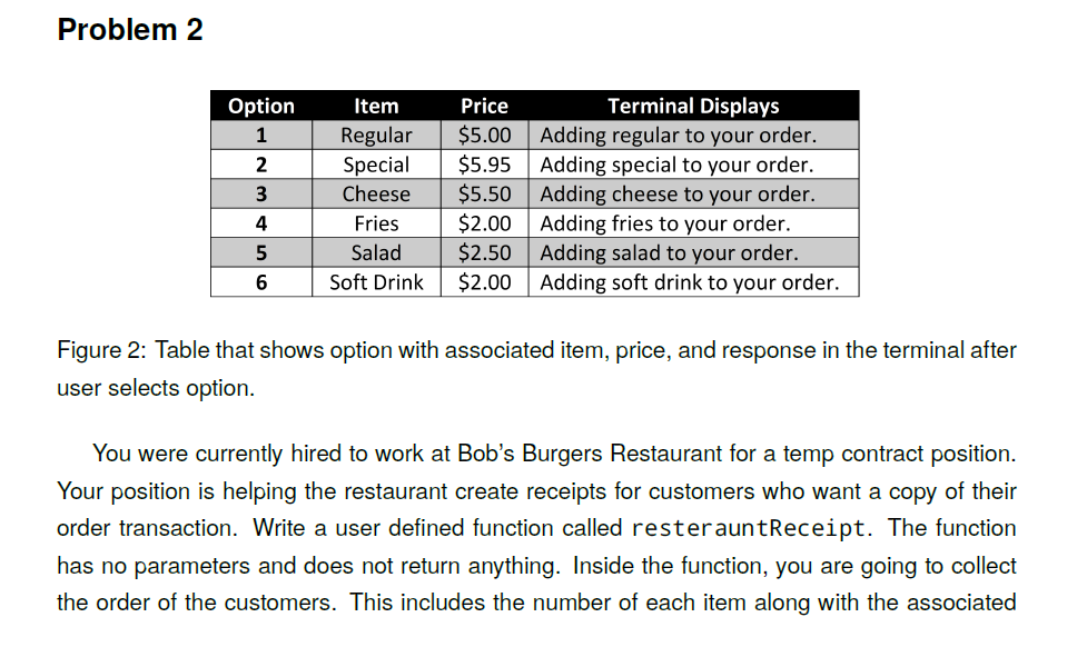  Problem 2 Figure 2: Table that shows option with associated item,