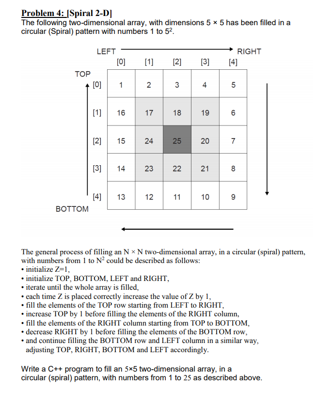  Problem 4: [Spiral 2-D] The following two-dimensional array, with dimensions 5