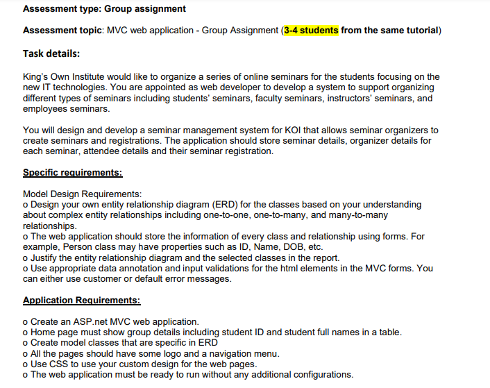  Assessment type: Group assignment Assessment topic: MVC web application - Group