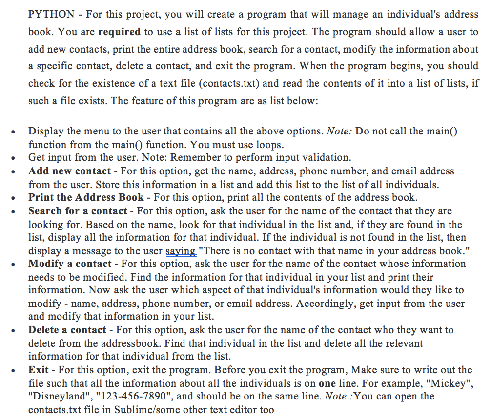  PYTHON - For this project, you will create a program that