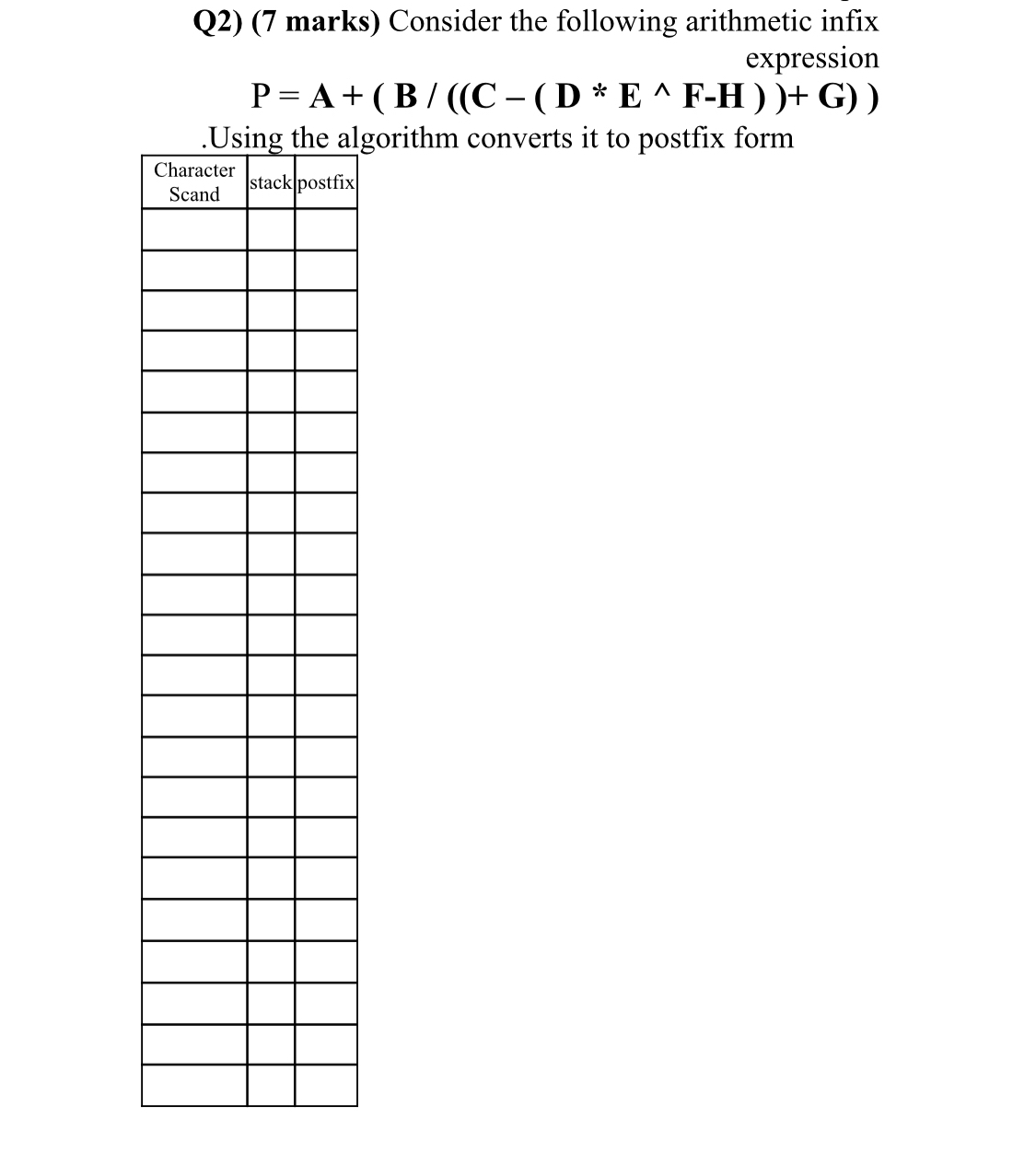  Q2)(7 marks) Consider the following arithmetic infix expression P=A+(B(C-(D**EF-H))+G) .Using the