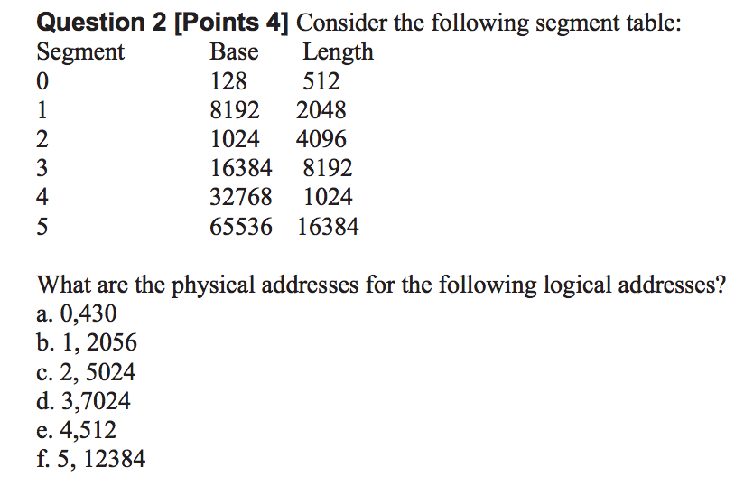 Consider the following segment table: Segment Base Length 0 128 512