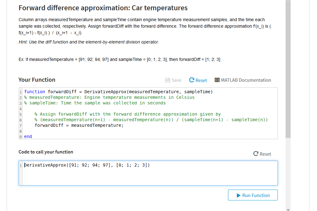 Use the Programming Language ---- > MATLAB Forward difference approximation: Car temperatures