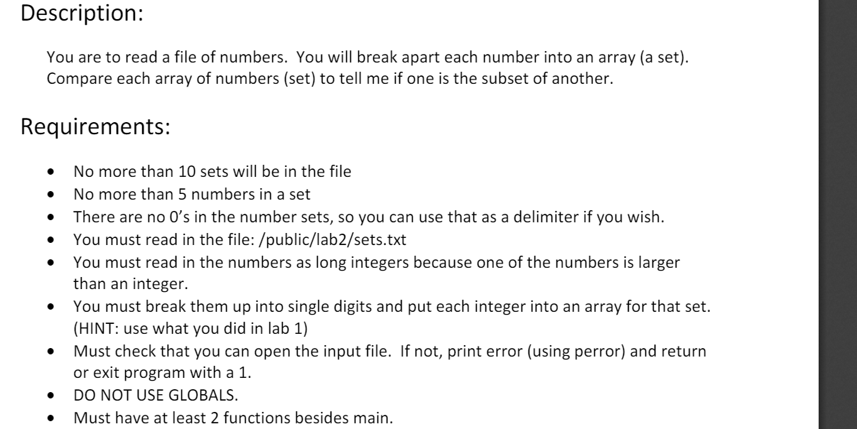 PROGRAM IN C Description: You are to read a file of numbers.