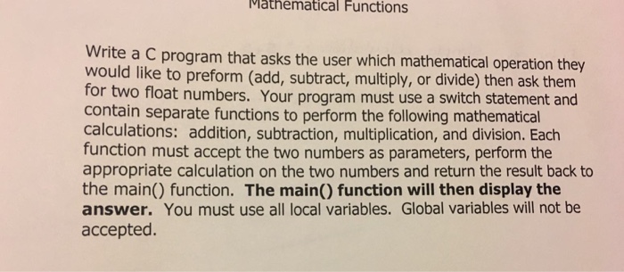  Write a C program that asks the user which mathematical operation