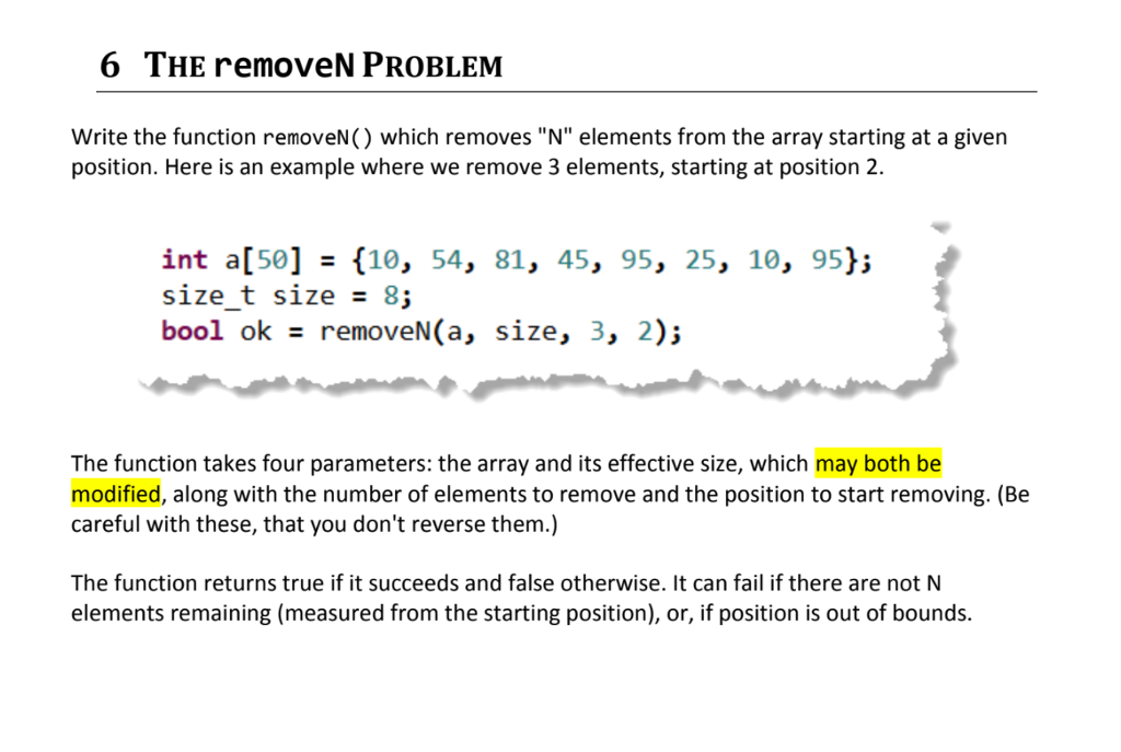 Write the function removeN() which removes "N" elements from the array starting