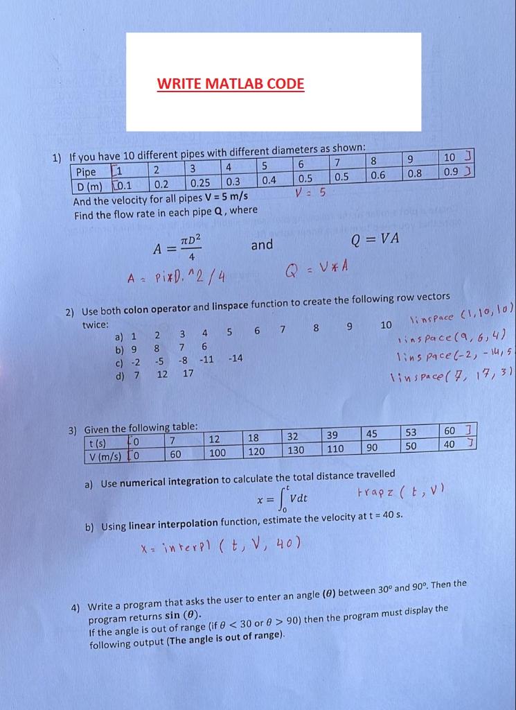  WRITE MATLAB CODE 9 10 0.9) Pipe 0.8 1) If you