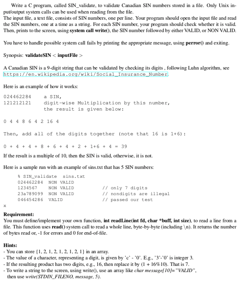 Using C/Unix: Write a C program, called SIN_validate, to validate Canadian SIN