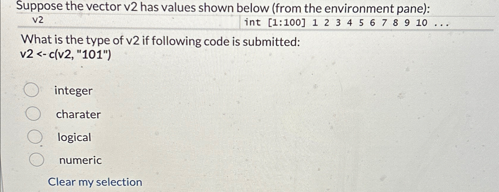  Suppose the vector v2 has values shown below (from the environment