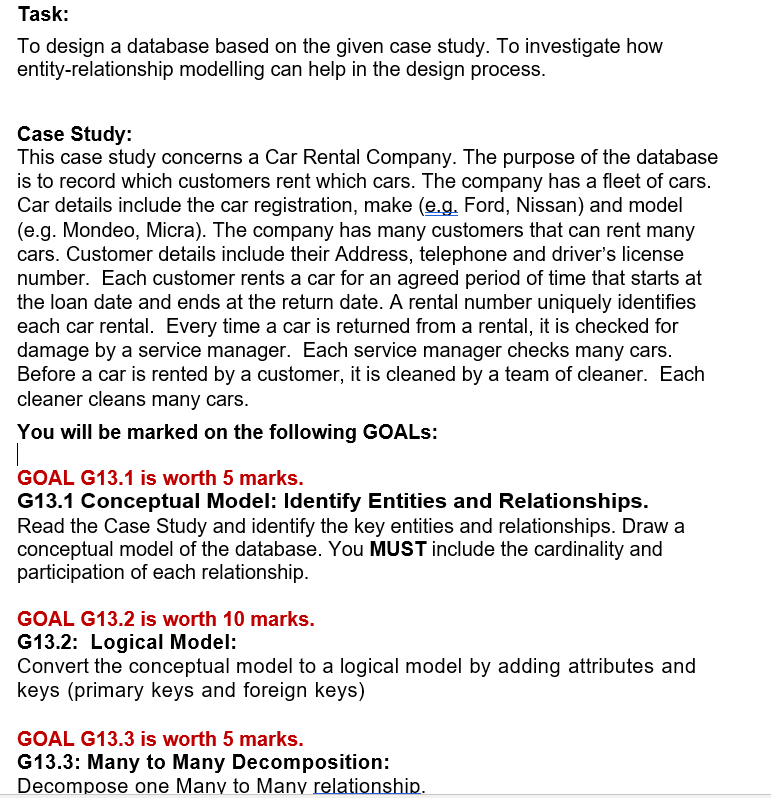 Task: To design a database based on the given case study. To
