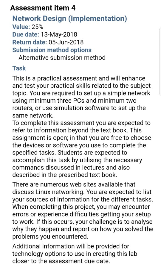 Assessment item 3 Network Design (Research) Value: 5% Due date: 30-Apr-2018 Return