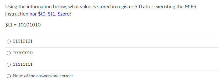 Using the information below, what value is stored in register $t0