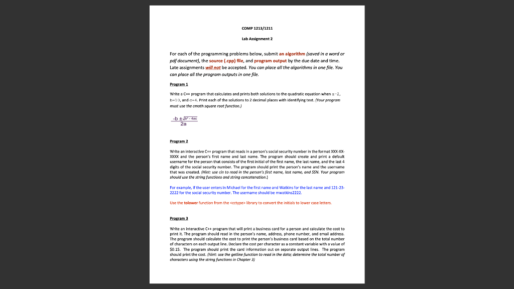 COMP 1213/1211 Lab Assignment 2 For each of the programming problems