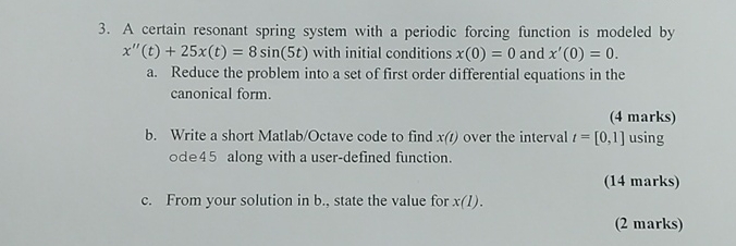  A certain resonant spring system with a periodic forcing function is
