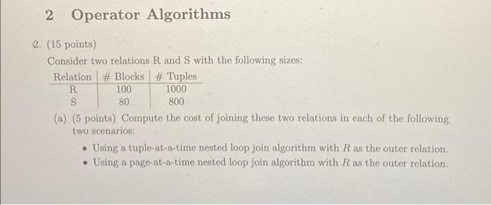  2 Operator Algorithms 2. (15 points) Consider two relations R and