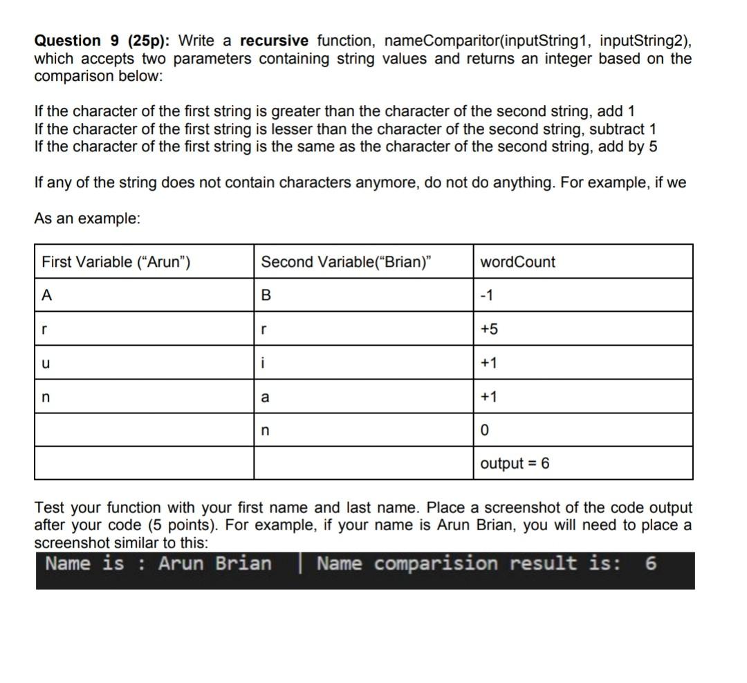  Question 9 (25p): Write a recursive function, nameComparitor(inputString1, inputString2), which accepts