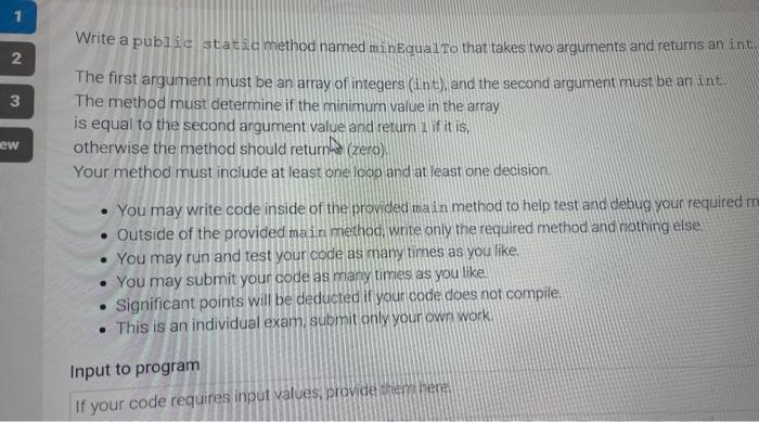 help needed Write a pubis stats c method named minEqual ro that